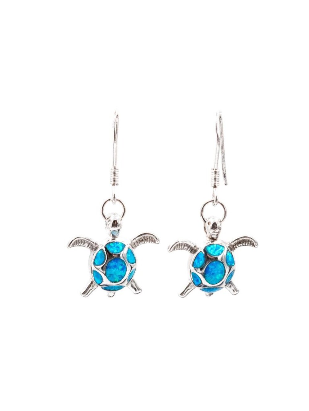 950 Silver 1.5 Inch Lab Created Opal Sea Turtle Dangle Earrings